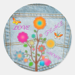 Denim Back Pocket Flowers Peace Love Hope Ronde Sticker
