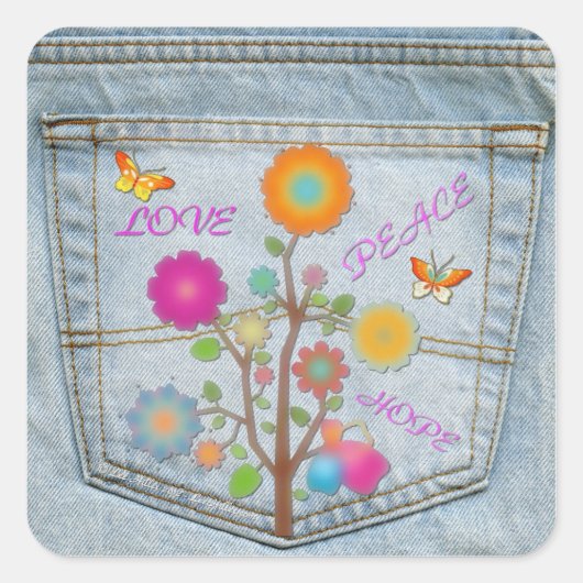 Denim Back Pocket Flowers Peace Love Hope Stickers (Voorkant)