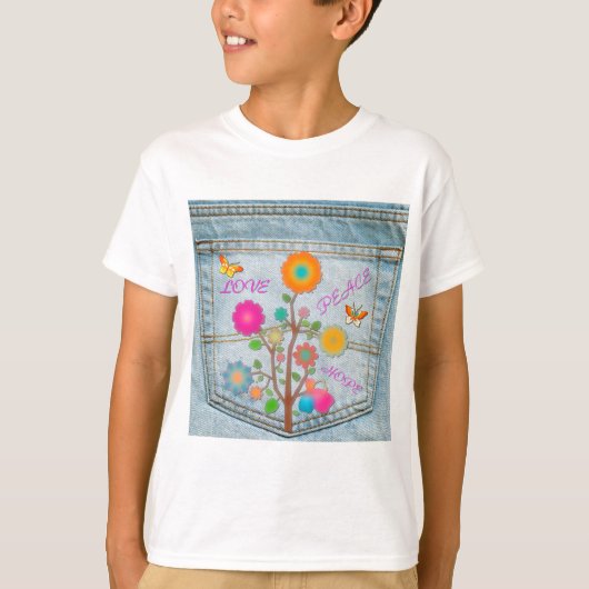 Denim Back Pocket Flowers Peace Love Hope T-shirt (Voorkant)