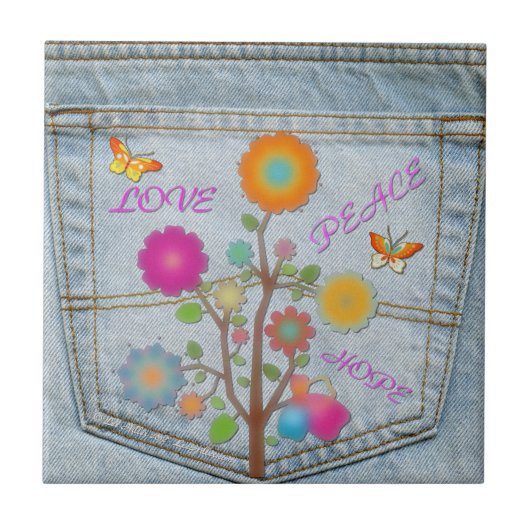 Denim Back Pocket Flowers Peace Love Hope Tegel Tegeltje (Voorkant)