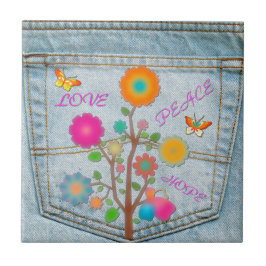 Denim Back Pocket Flowers Peace Love Hope Tegeltje