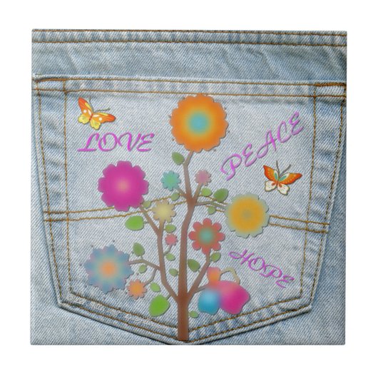 Denim Back Pocket Flowers Peace Love Hope Tegeltje (Voorkant)