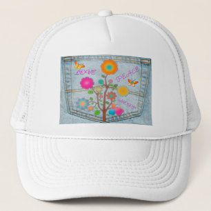 Denim Back Pocket Flowers Peace Love Hope Trucker Pet