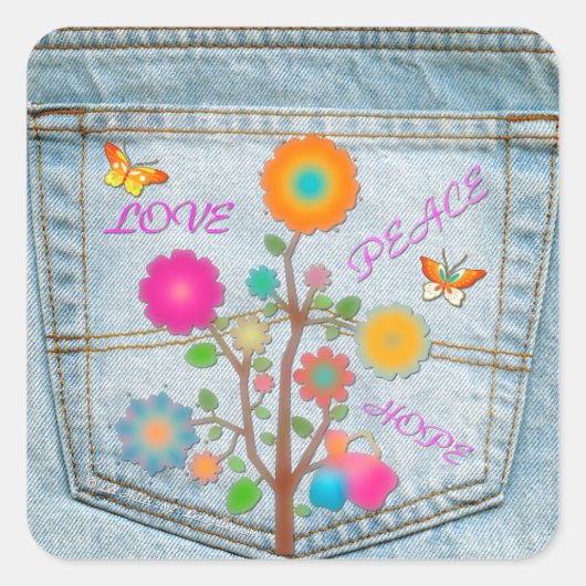 Denim Back Pocket Flowers Peace Love Hope Vierkante Sticker (Voorkant)