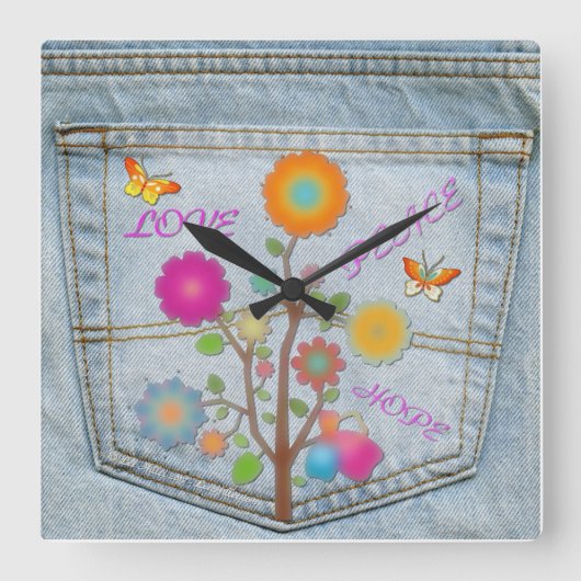Denim Back Pocket Flowers Peace Love Square-klok Vierkante Klok (Voorkant)