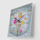 Denim Back Pocket Flowers Peace Love Square-klok Vierkante Klok (Hoek)
