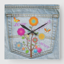 Denim Back Pocket Flowers Peace Love Square-klok Vierkante Klok