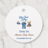 Denim Bear Clothesline Boy Blue Jean Baby Shower Bedankjes Labels (Voorkant)