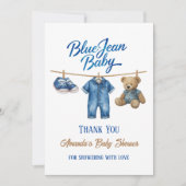 Denim Bear Clothesline Boy Blue Jean Baby Shower Bedankkaart (Voorkant)