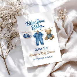 Denim Bear Clothesline Boy Blue Jean Baby Shower Bedankkaart