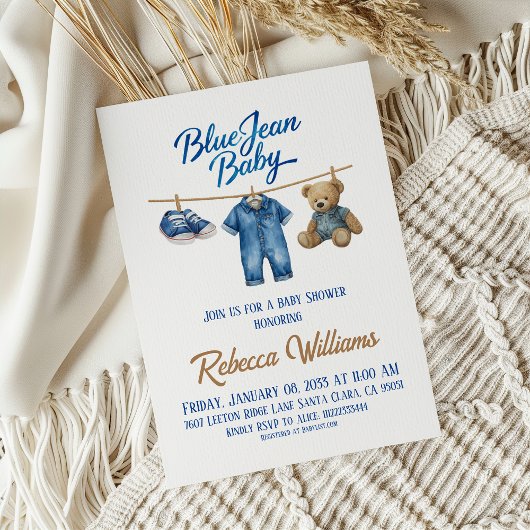 Denim Bear Clothesline Boy Blue Jean Baby Shower Kaart