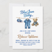 Denim Bear Clothesline Boy Blue Jean Baby Shower Kaart (Voorkant)