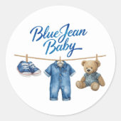 Denim Bear Clothesline Boy Blue Jean Baby Shower Ronde Sticker (Voorkant)