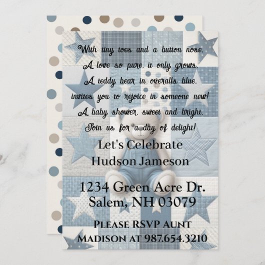 Denim Bear Invitation Kaart (Voorkant / Achterkant)