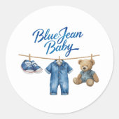 Denim Beer waslijn Boy Blue Jean Baby shower Ronde Sticker (Voorkant)