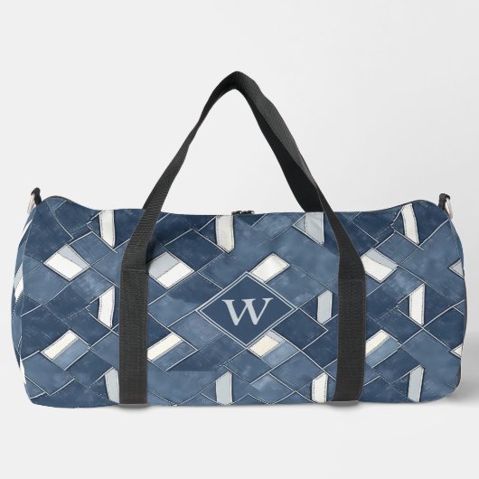 Denim Blauw en Wit Monogram Initiaal Plunjezak (Voorkant)