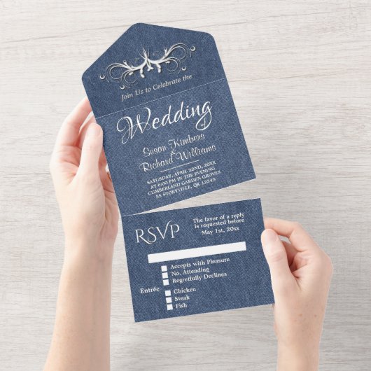 Denim Blauw en Witte Tri Fold met Rsvp  All In One Uitnodiging (Afscheurbaar)
