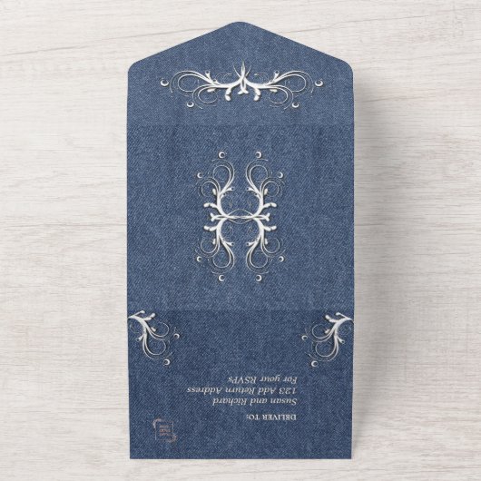Denim Blauw en Witte Tri Fold met Rsvp  All In One Uitnodiging (Buitenkant)