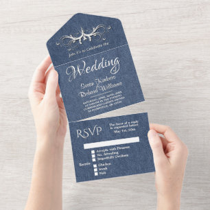 Denim Blauw en Witte Tri Fold met Rsvp All In One Uitnodiging