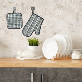 Denim Blauw Salie Groen Wit Plaid Ovenwant & Pannenlap Set