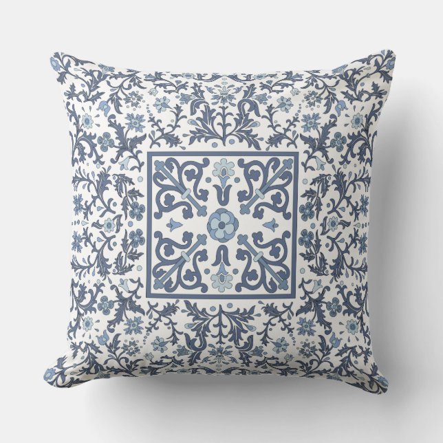Denim Blauwe Bloemen Kussen (Voorkant)
