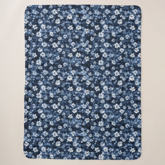 Denim Blauwe Bloemen Sherpa Deken (Voorkant)