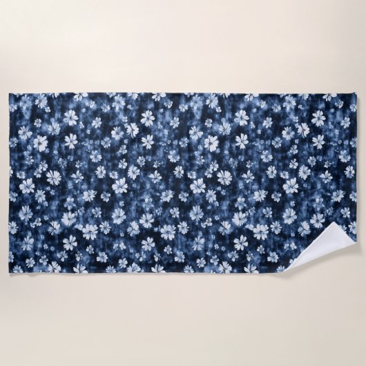 Denim Blauwe Bloemen Strandlaken (Voorkant)