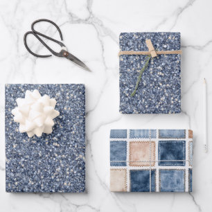 Denim Blauwe Glitter Nep Denim Verjaardag Inpakpapier Vel
