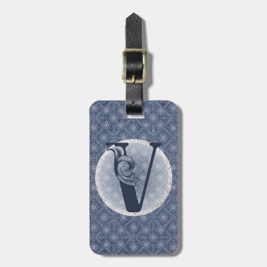 Denim Blauwe Sierlijke Monogram "V" Bagage Label (Voorkant verticaal)