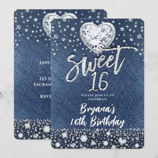 Denim & Bling Diamonds Sweet 16 Birthday Party Kaart (Voorkant / Achterkant)