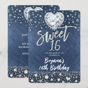 Denim & Bling Diamonds Sweet 16 Birthday Party Kaart