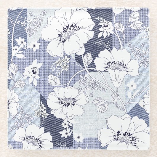 Denim bloem patchwork, naadloos patroon. glazen onderzetter (Voorkant)