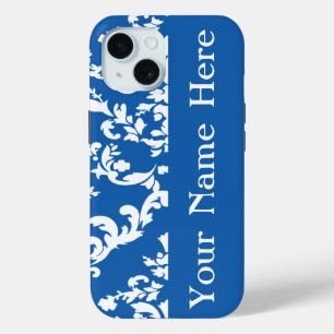Denim Blue Bold Damask met naam @ Emporiomoffa iPhone 15 Case