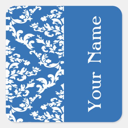 Denim Blue Bold Damask op Emporiomoffa met naam Vierkante Sticker (Voorkant)