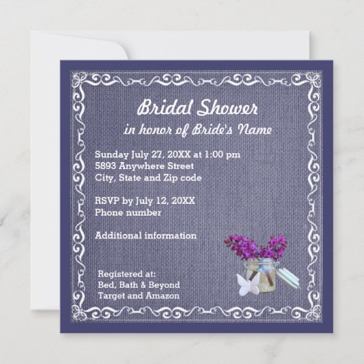 Denim Blue Burlap, Paarse bloem, potje bruidsdouch Kaart (Voorkant)