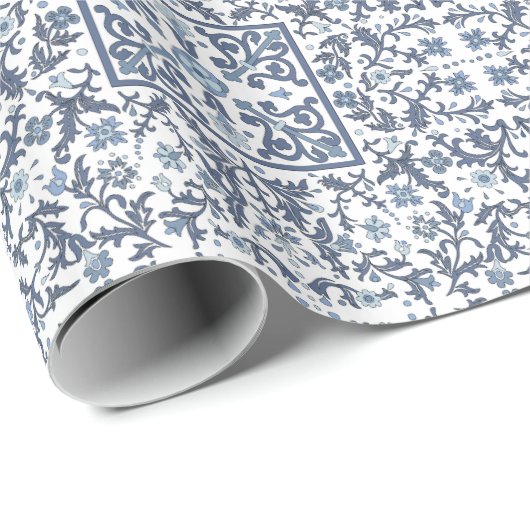 Denim Blue Floral Cadeaupapier (Rol Hoek)