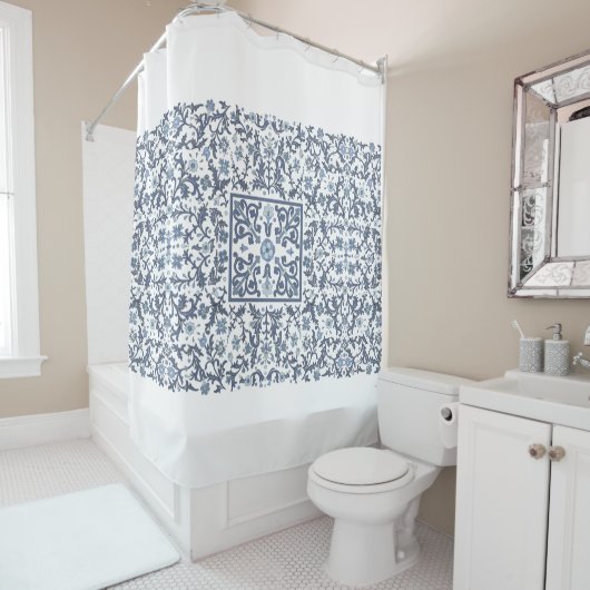 Denim Blue Floral Douchegordijn (In situ)