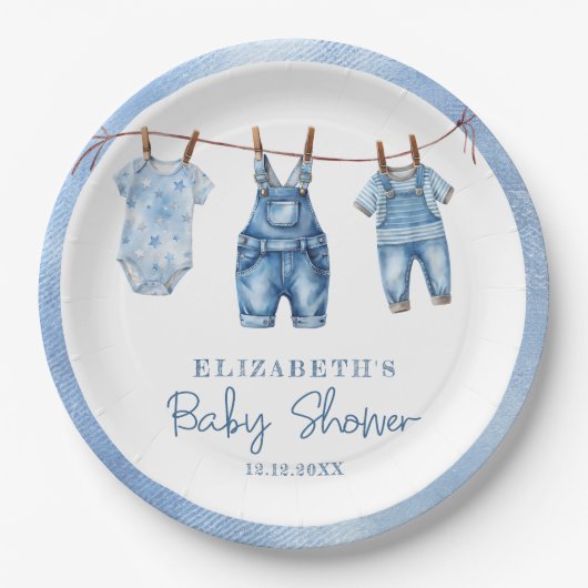 Denim Blue Jean Baby Boy Baby shower Papieren Bordje (Voorkant)
