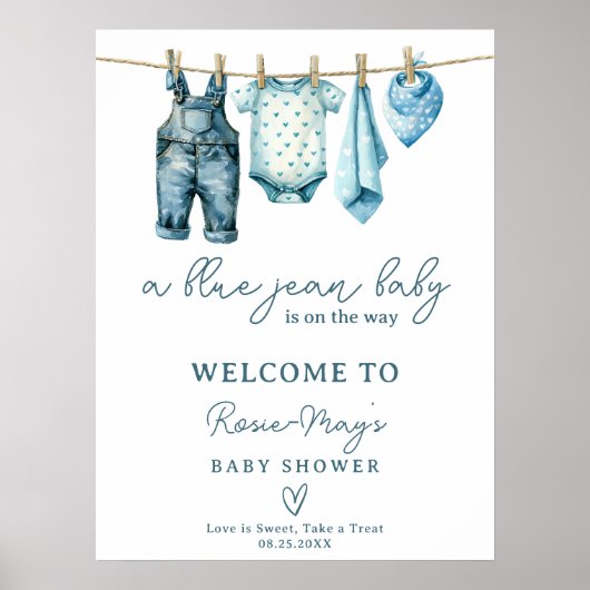Denim Blue Jean Clothesline Baby shower Welkom Poster (Voorkant)