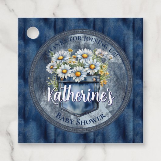 Denim Blue Jean | Daisies Floral Baby shower Bedankjes Labels (Voorkant)