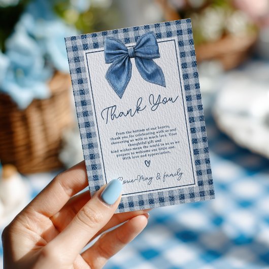 Denim Blue Jean Gingham Coquette Bow Baby shower Bedankkaart