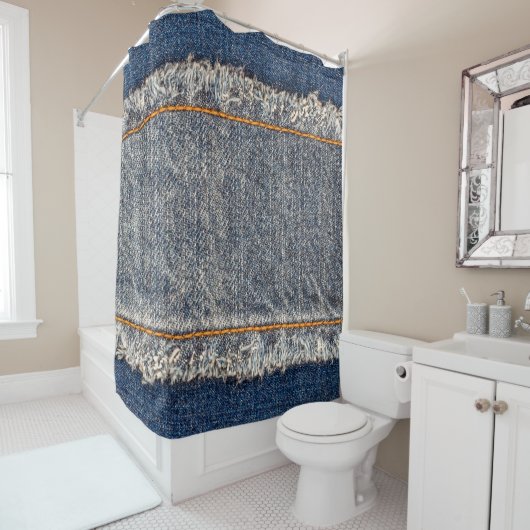 Denim blue jeans fabric frame. Bleached denim fabr Douchegordijn (In situ)