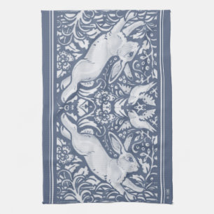Denim Blue Leaping Rabbit Bird Floral Woodland Kit Theedoek