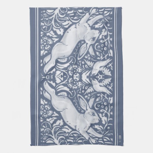 Denim Blue Leaping Rabbit Bird Floral Woodland Kit Theedoek (Verticaal)