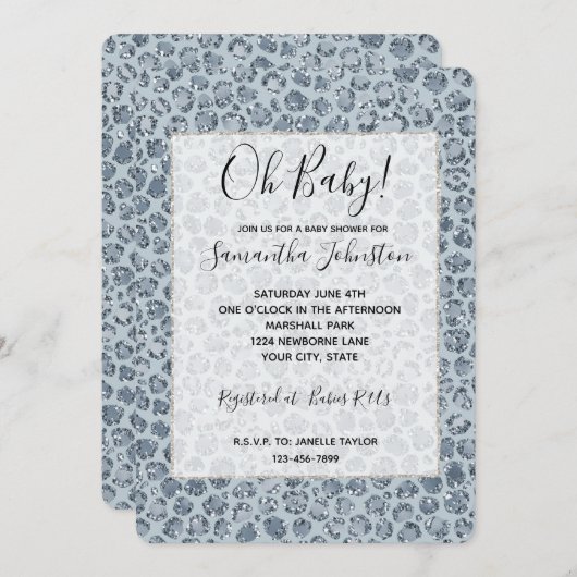 Denim Blue Leopard Print Glitter Kaart (Voorkant / Achterkant)