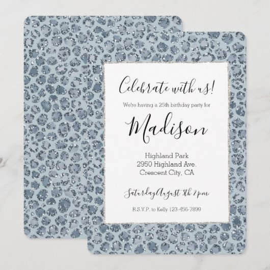 Denim Blue Leopard Print Glitter Kaart (Voorkant / Achterkant)