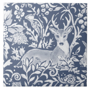 Denim Blue MURAL Woodland Animal Deer Linksboven Tegeltje