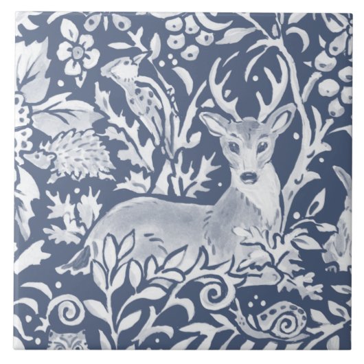 Denim Blue MURAL Woodland Animal Deer Linksboven Tegeltje (Voorkant)
