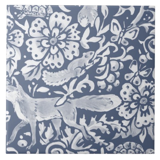 Denim Blue MURAL Woodland Animal Fox Rechts Tegeltje (Voorkant)