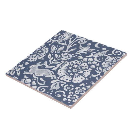 Denim Blue MURAL Woodland Rabbit Bottom left Ceram Tegeltje (Zijkant)